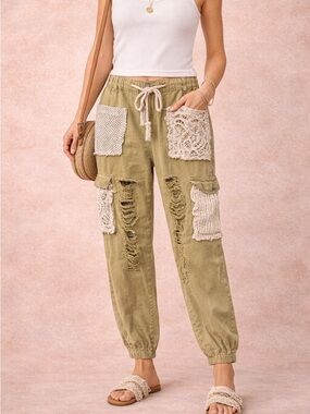 Boutique Boho Patchwork Jogger Jeans Size M High Waisted Distressed Baggy Fit